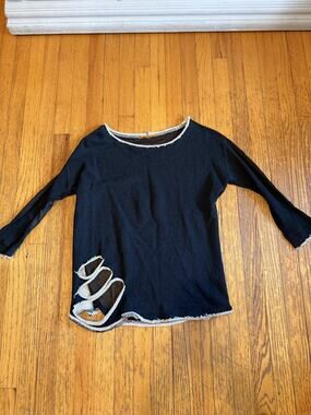 Anama Sheer Mesh Knit Shirt Womens Black Raw Edge Cutout 3/4 Sleeve AW13-134